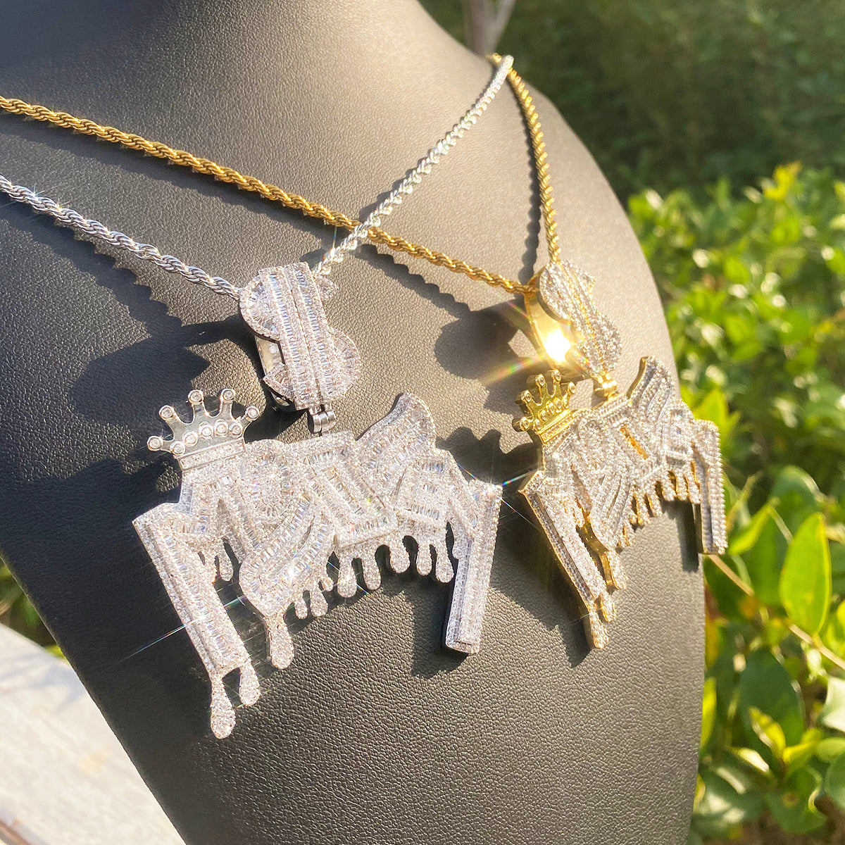 Bubble Letter Iced Out Money Dollar Sign Bail Necklace Pendant for Men 5A Cubic Zirconia Gold Plated Hip Hop Jewelry