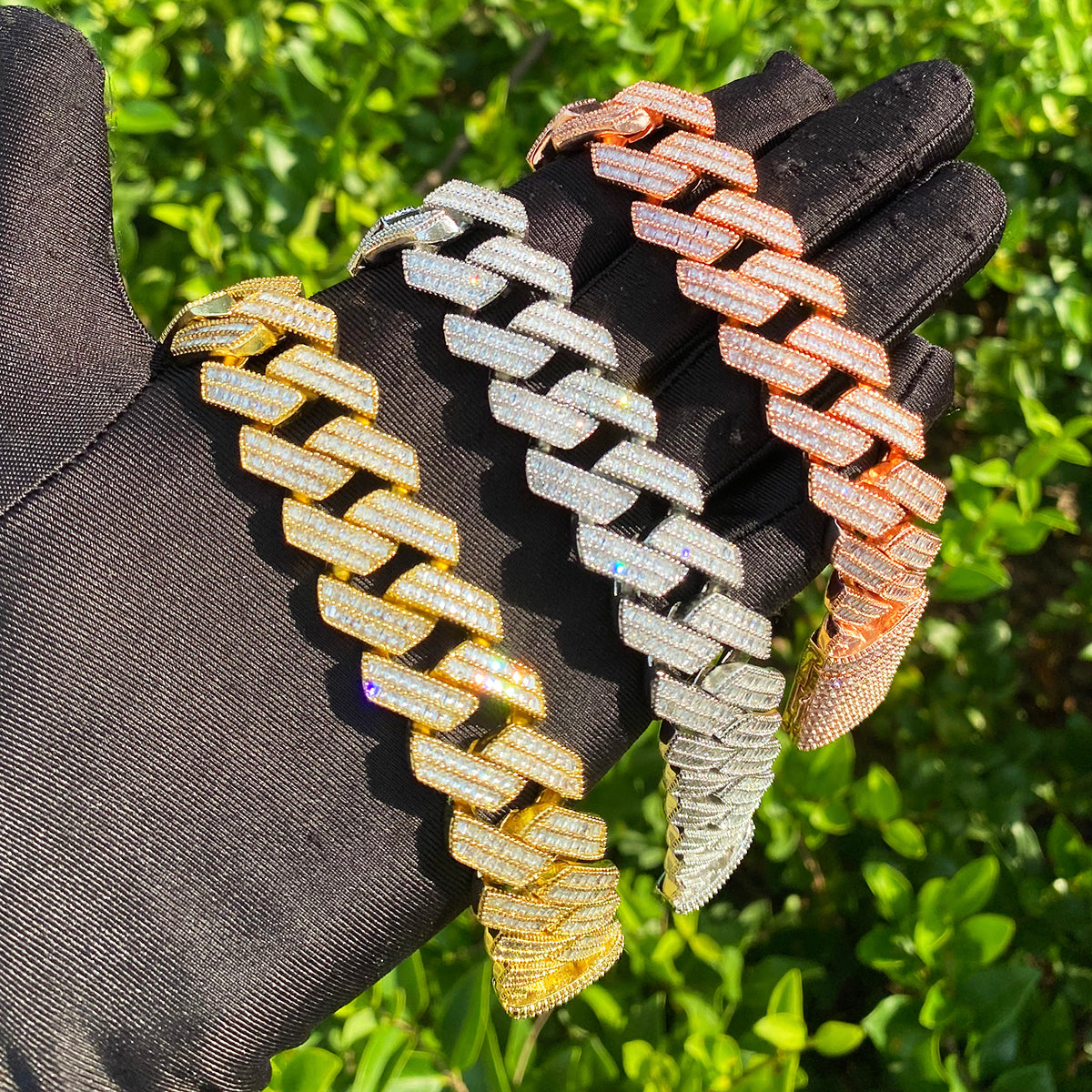 Bubble Letter 20mm Baguette Link Bracelet for Men 5A Cubic Zirconia Gold Plated Hip Hop Jewelry