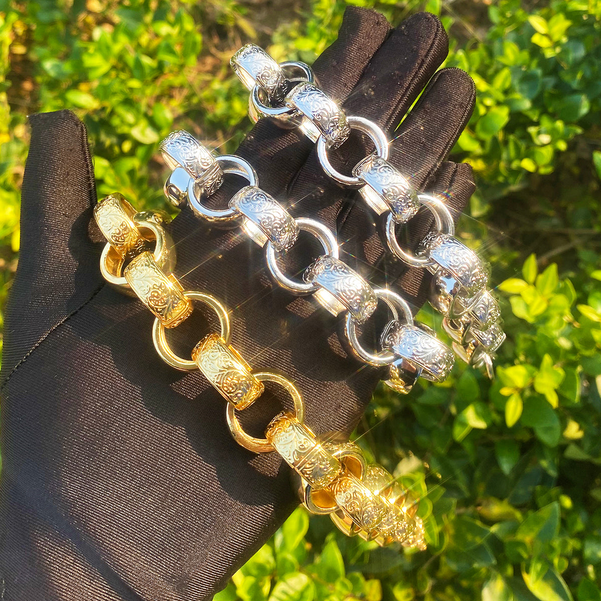 Bubble Letter Semi Pattered Circle Belcher Link Chain for Men Real Gold Plated Hip Hop Jewelry