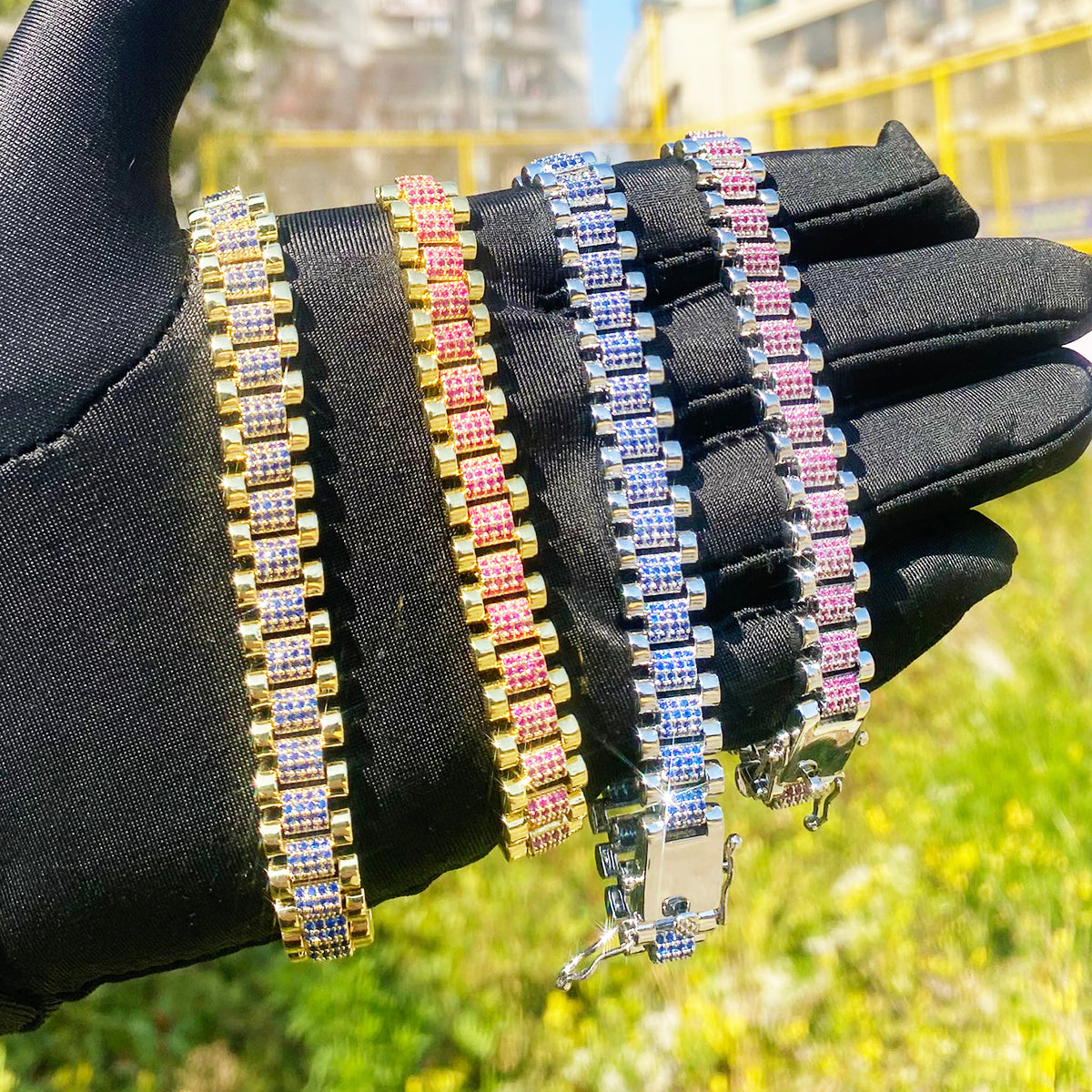 Bubble Letter Iced Out Gold Watch Belt Link Bracelet for Men Real Gold Plated Cubic Zirconia Hip Hop Jewelry
