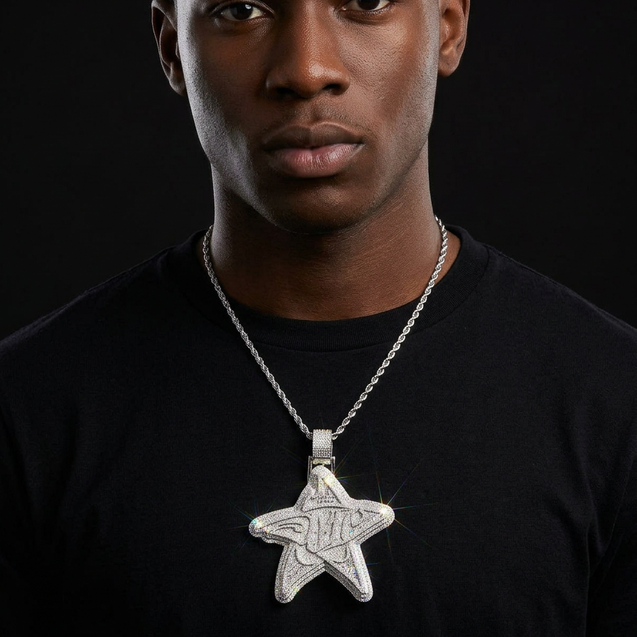 Bubble Letter Iced Out Super Big Star Necklace Pendant for Men Real Gold Plated Cubic Zirconia Hip Hop Jewelry