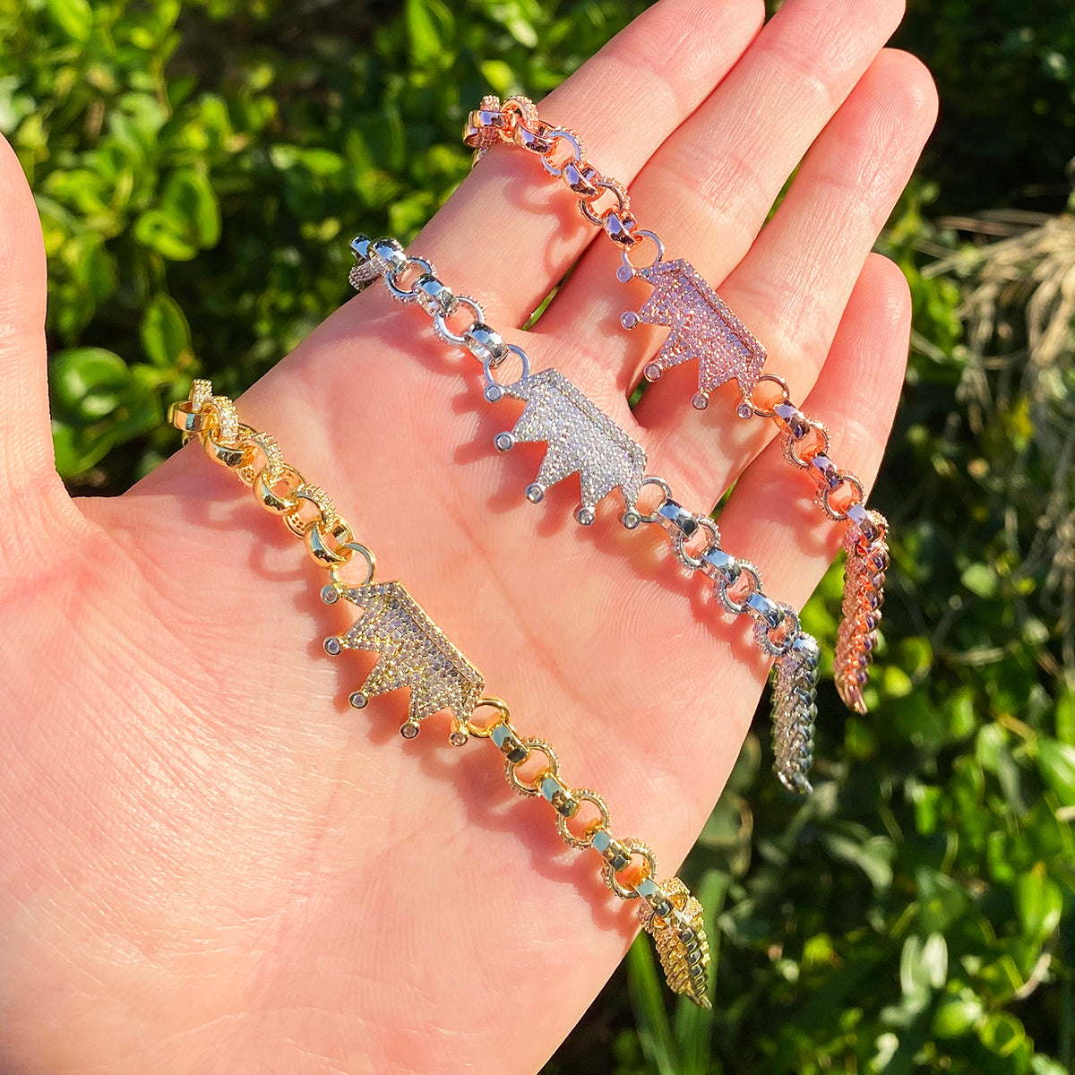 Bubble Letter Iced Out Belcher Bracelet Crown for Women Gold Plated 5A Cubic Zirconia Hip Hop Jewelry