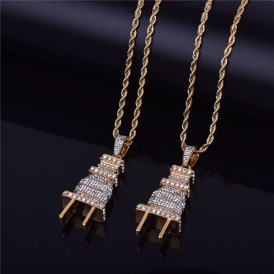 Bubble Letter Men's Iced Bling Plug Pendant Necklace Gold Color Charms Micro Pave Full Rhinestone Hip Hop Jewelry