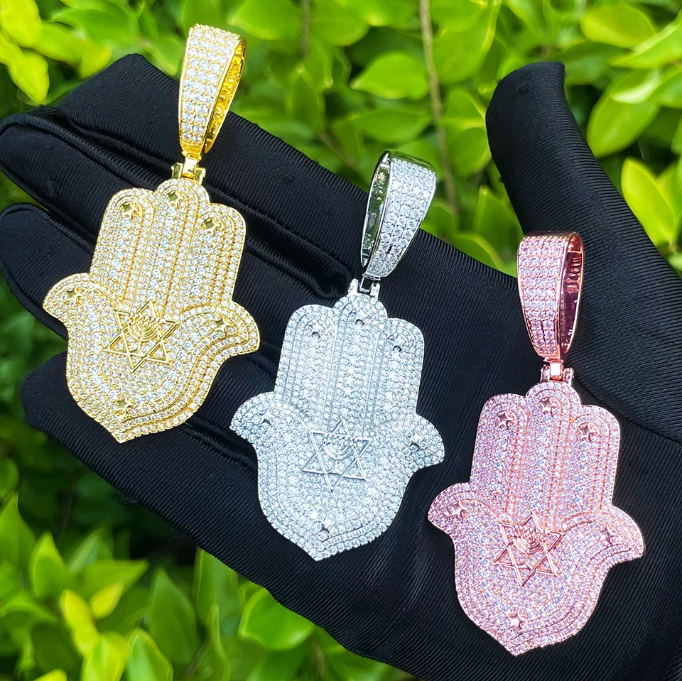 Bubble Letter Iced Out Halma Hand David of Star Necklace Pendant for Men Real Gold Plated 5A Cubic Zirconia Hip Hop Jewelry