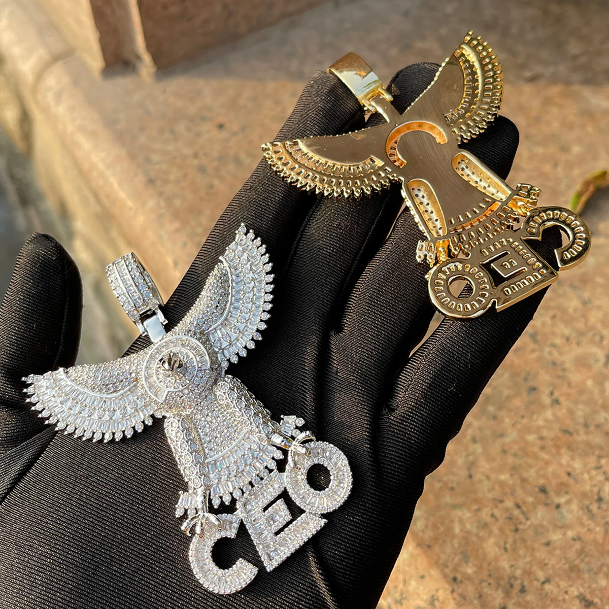 Bubble Letter Iced Out Big Eagle CEO Pendant Baguette Necklace for Men Real Gold Plated Cubic Zirconia Hip Hop Jewelry