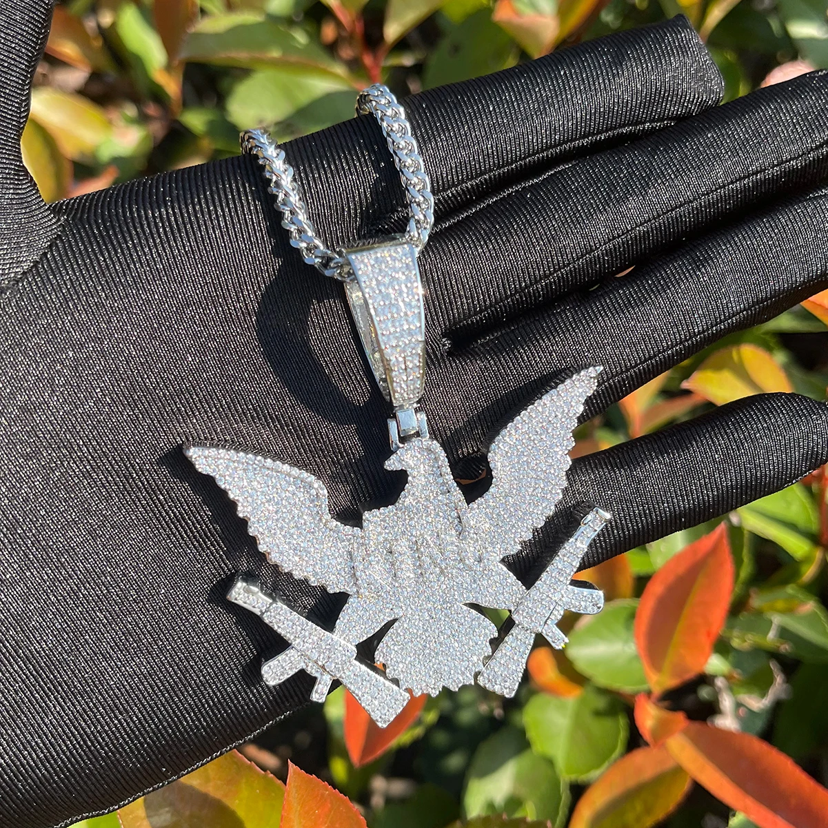 Bubble Letter Prong Necklace for Men Iced Out Eagle Gang Pendant Real Gold Plated Hip Hop Jewelry