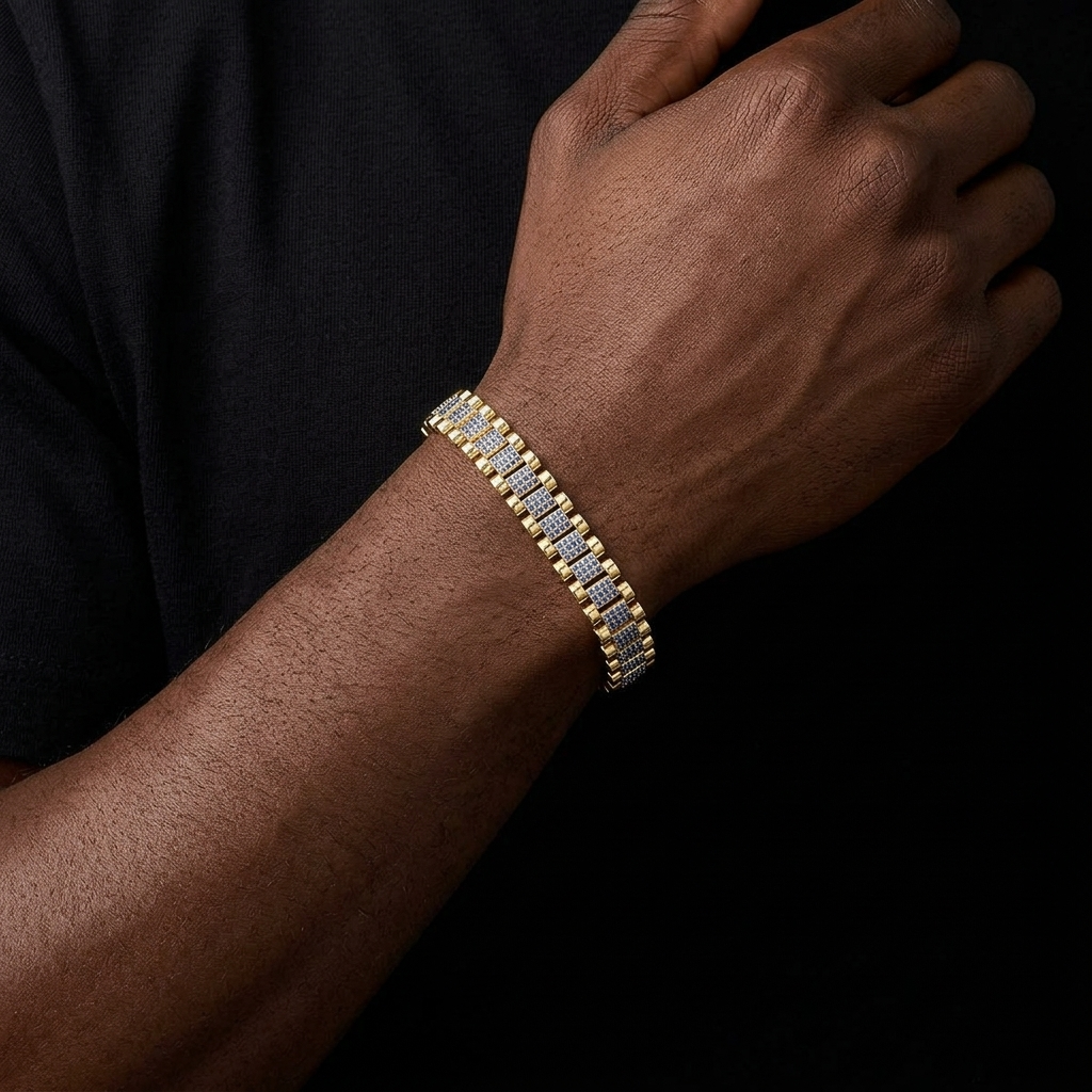 Bubble Letter Iced Out Gold Watch Belt Link Bracelet for Men Real Gold Plated Cubic Zirconia Hip Hop Jewelry