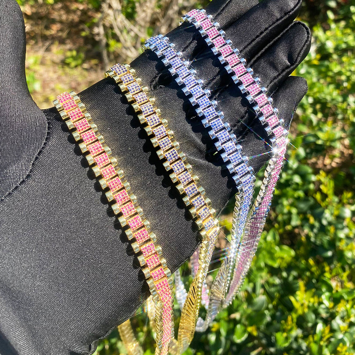 Bubble Letter Iced Out Silver Watch Belt Link Chain for Men Necklace Choker Real Gold Plated Cubic Zirconia Hip Hop Jewelry