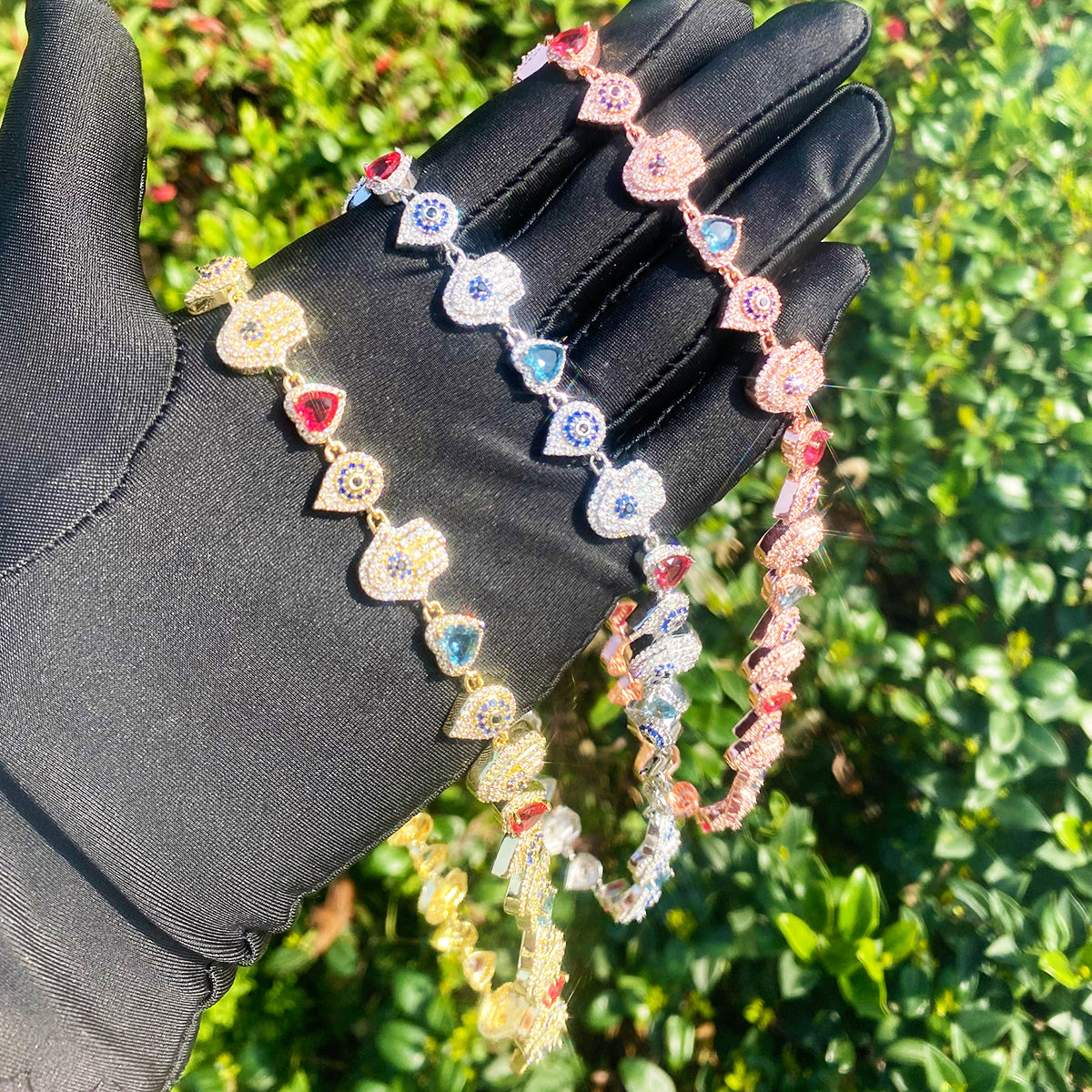 Bubble Letter Iced Out Hand Heart Drop Chain Necklace for Men Real Gold Plated Copper Cubic Zirconia Hip Hop Jewelry