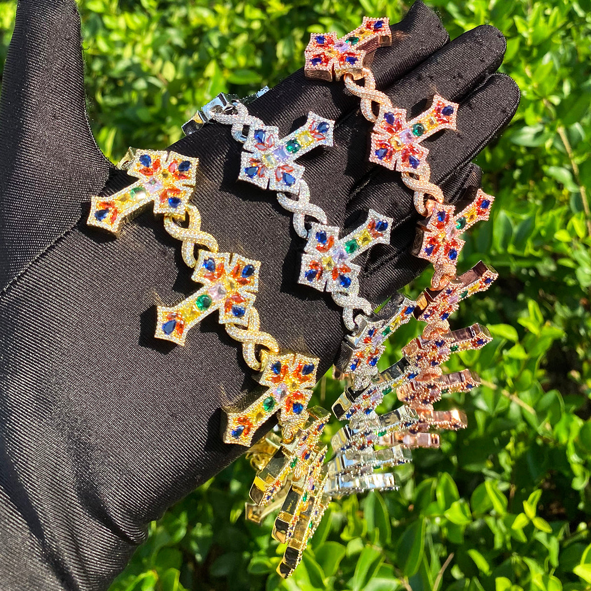 Bubble Letter Iced Out Colorful Cross Link Chain for Men Necklace Choker Prong Setting Hip Hop Jewelry