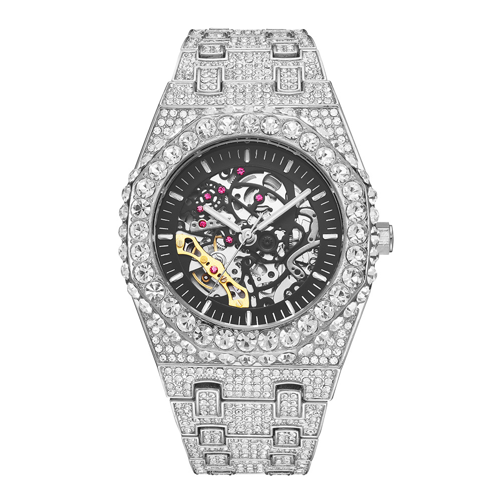 Bubble Letter SELF-WIND MECHANICAL SKELETON ICED OUT DIAMOND WATCH