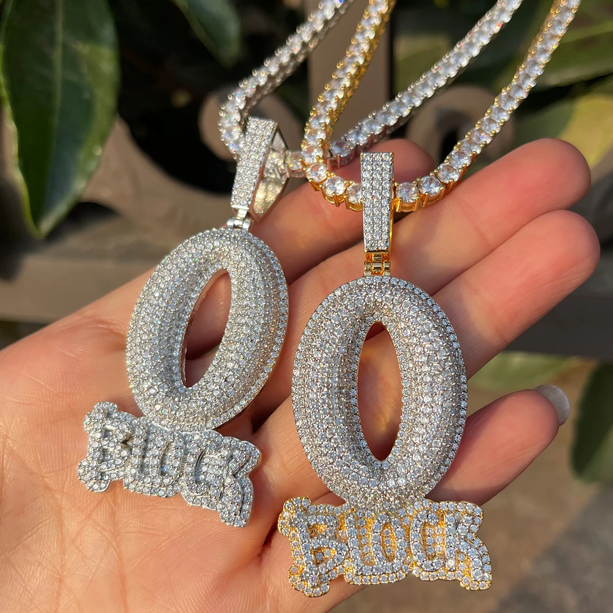 Bubble Letter Iced Out O Block Pendant Real Gold Plated Cubic Zirconia Micro Pave Hip Hop Jewelry