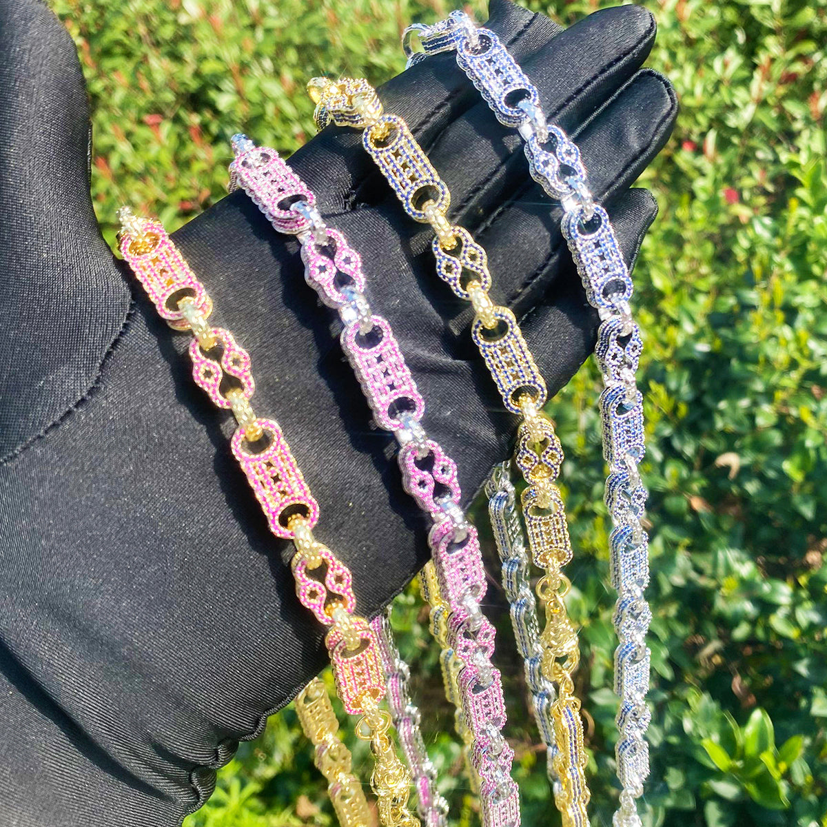 Bubble Letter Iced Out Gold Stones Star Bar Link Chain for Men Necklace Choker Real Copper Cubic Zirconia Gold Plated Hip Hop Jewelry