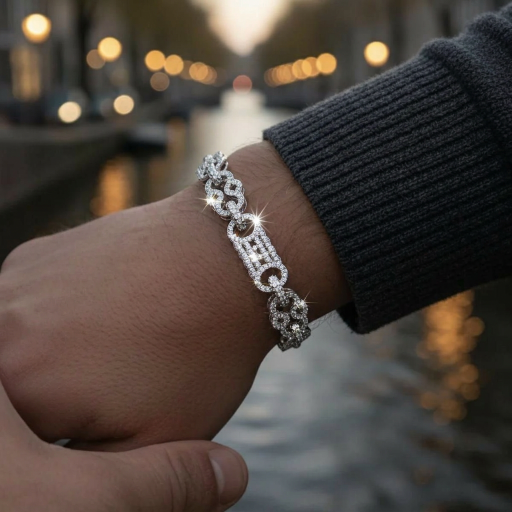 Bubble Letter Iced Out Star Bar Bracelet for Men Real Gold Plated 5A Cubic Zirconia Hip Hop Jewelry Albert Clasp