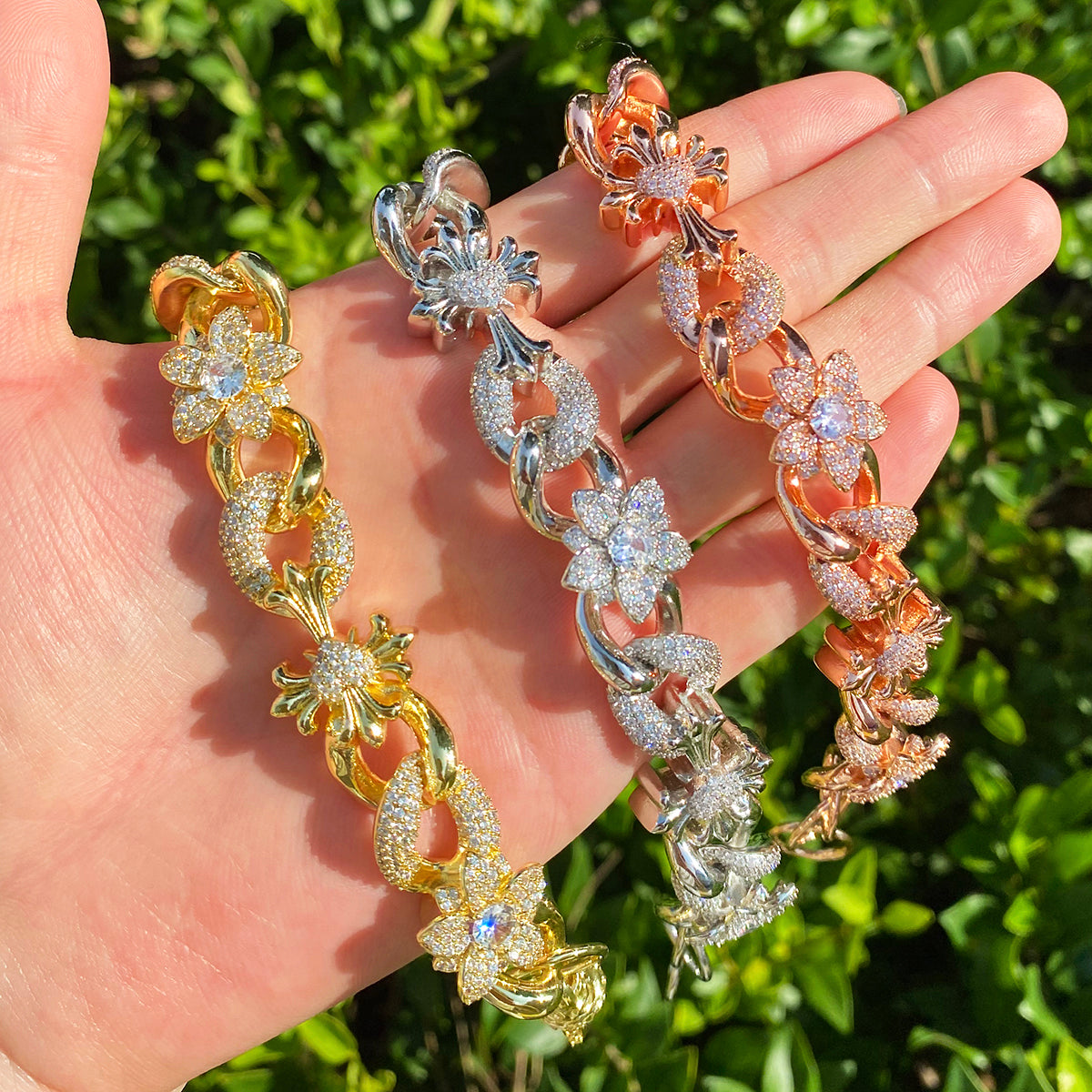 Bubble Letter Iced Out Cross Flower Link Bracelet for Men Real Copper Gold Plated Hip Hop Jewelry