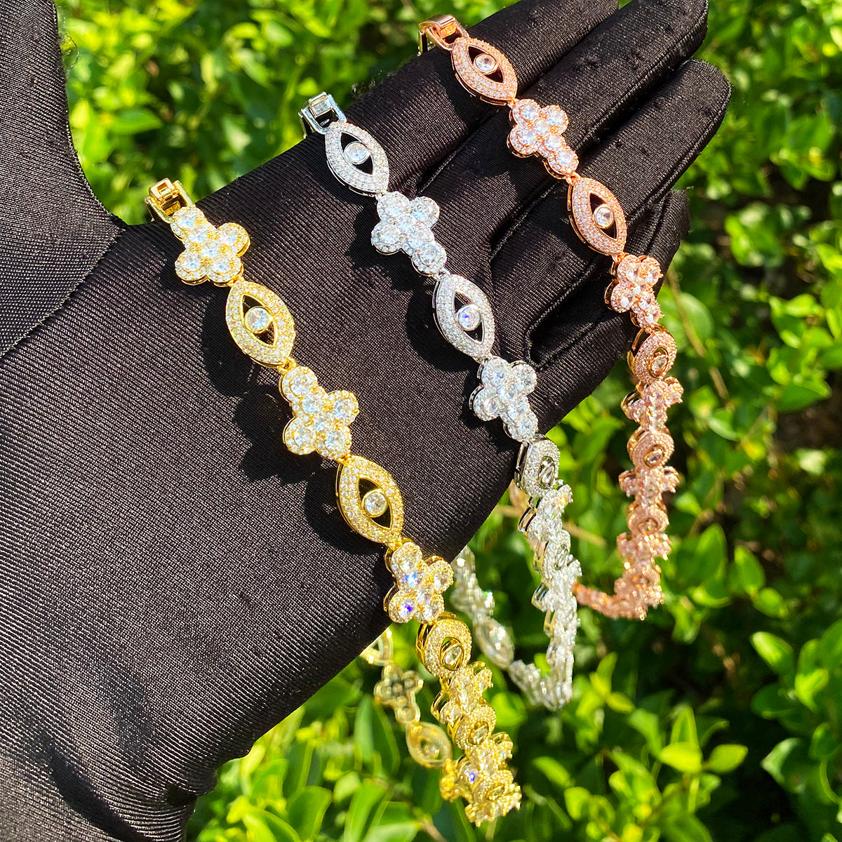 Bubble Letter Iced Out Eye Cross Link Chain for Men 5A Cubic Zirconia Gold Plated Hip Hop Jewelry