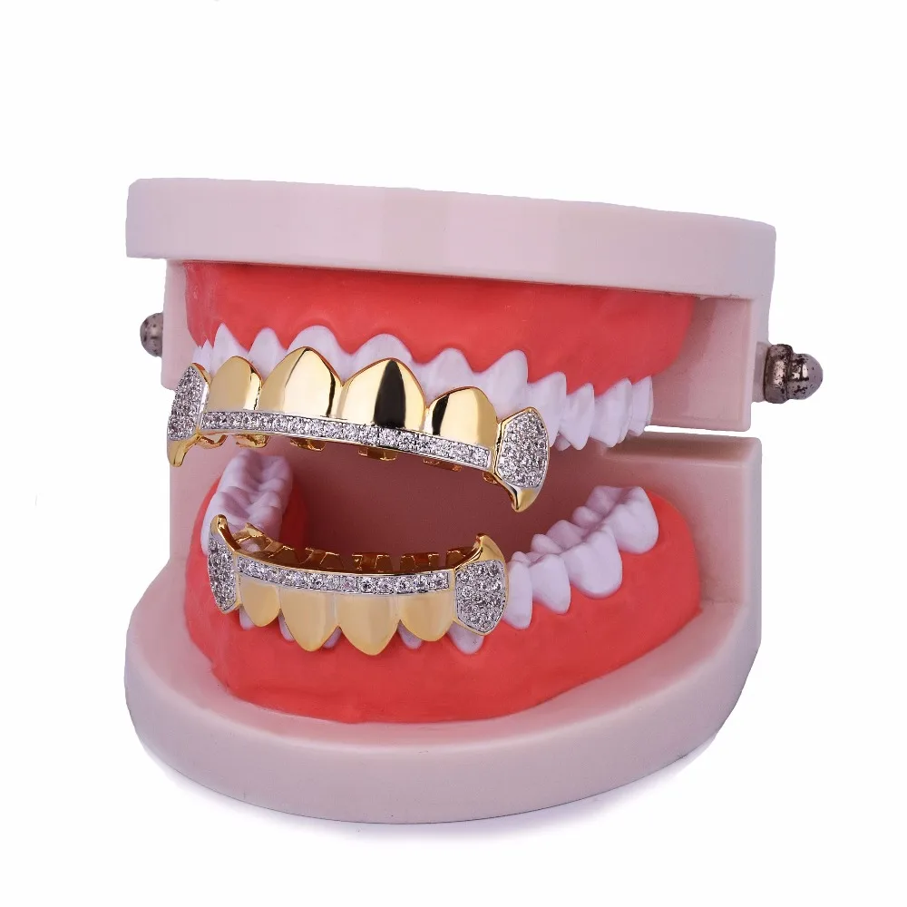 Bubble Letter Hip Hop Grillz Teeth Iced Zircon Fang Mouth teeth Caps Top & Bottom Tooth Set Men Women Vampire Fashion Jewelry