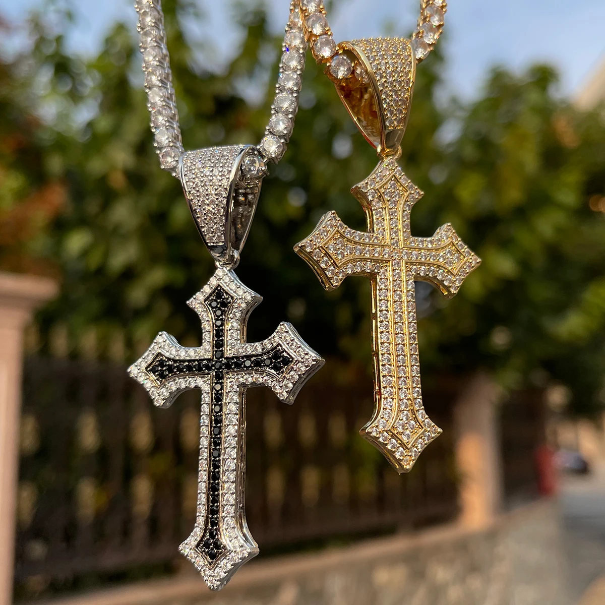 Bubble Letter Iced Out Cross Pendant Necklace for Men Prong Setting Bling Charms Real Gold Plated Hip Hop Jewelry