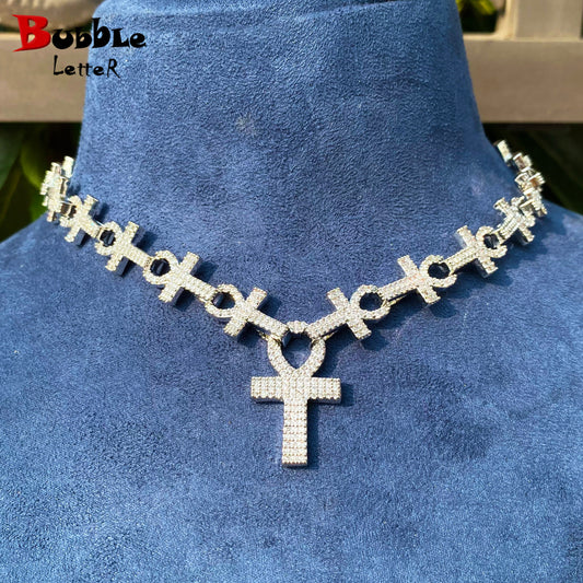 Bubble Letter Ice Out Cross Necklace Choker for Women Mirco Pave Cubic Zirconia Chain Hip Hop Jewelry