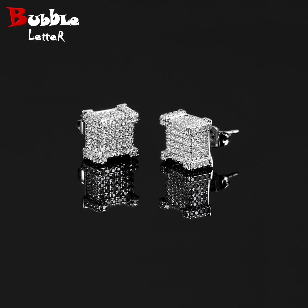 Bule lettebbr 10x10mm Mens Zircon Earring Hip hop style Copper Material Iced Bling CZ Square Stud Earrings Screw-back Fashion Jewelry