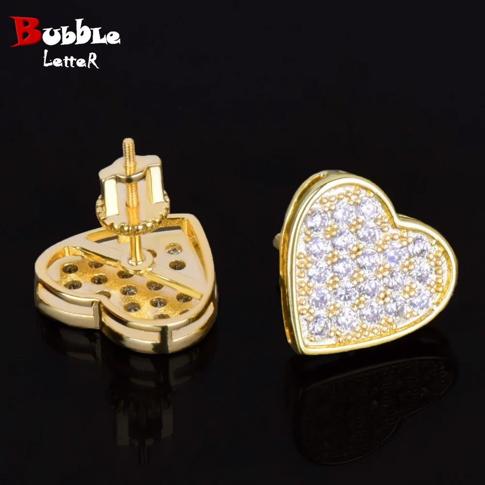 Bule lettebbr 14MM Width Heart-shaped Gold Color Stud Earring For Men Women Full Cubic Zircon Screw Back Earrings Fashion Hip Hop Jewelry Gift