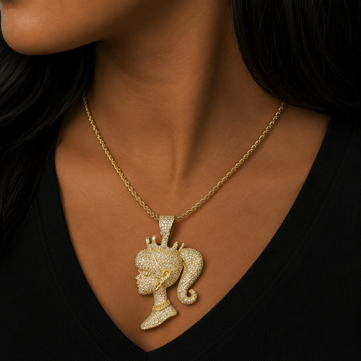 Bubble Letter Girl Head Shape Doll Queen Necklace for Women Real Gold Plated Hip Hop Rock Rapper Pendant Jewelry Gift