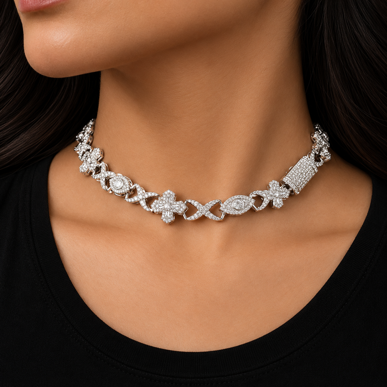 Bubble Letter Ice Out Cross Eye Infinity Necklace Choker for Women Mirco Pave Cubic Zirconia Cuban Link Chain Hip Hop Jewelry