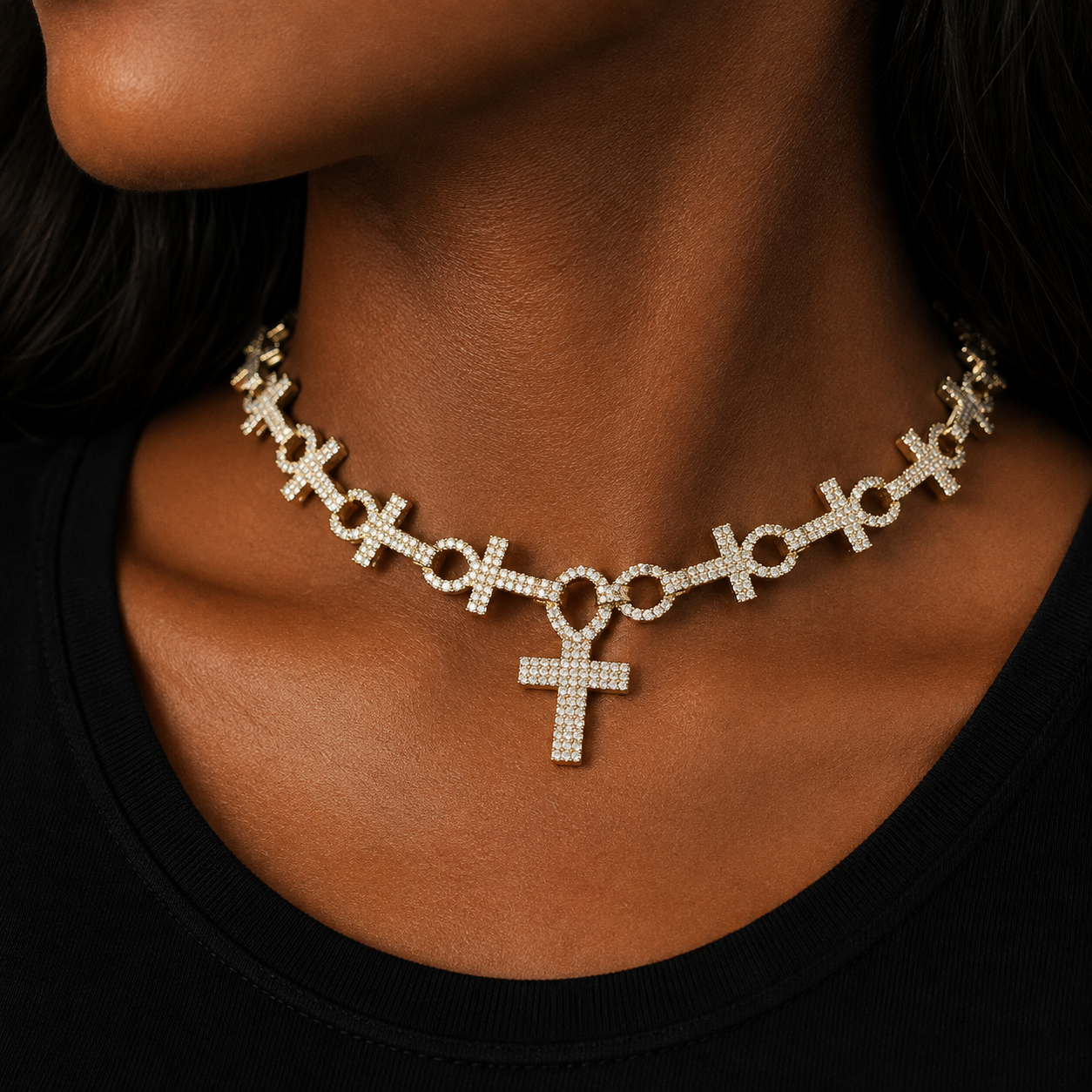 Bubble Letter Ice Out Cross Necklace Choker for Women Mirco Pave Cubic Zirconia Chain Hip Hop Jewelry