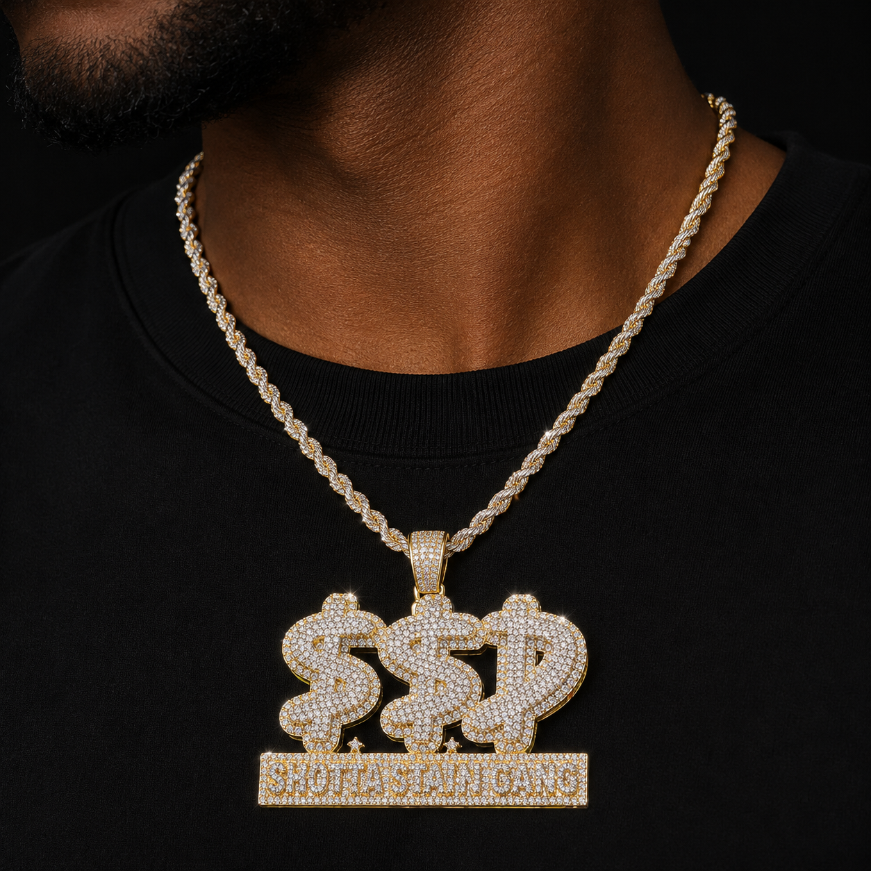 Bubble Letter Prong Necklace for Men Iced Out Show Stay Down Pendant Two Tone Charms Hip Hop Jewelry