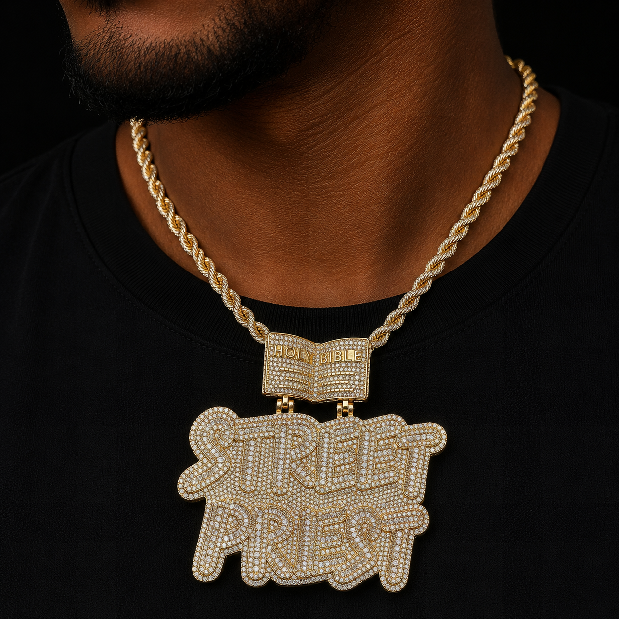 Bubble Letter Iced Out Street Priest Pendant Necklace Prong Setting Cubic Zirconia Real Gold Plated Hip Hop Fashion Jewelry