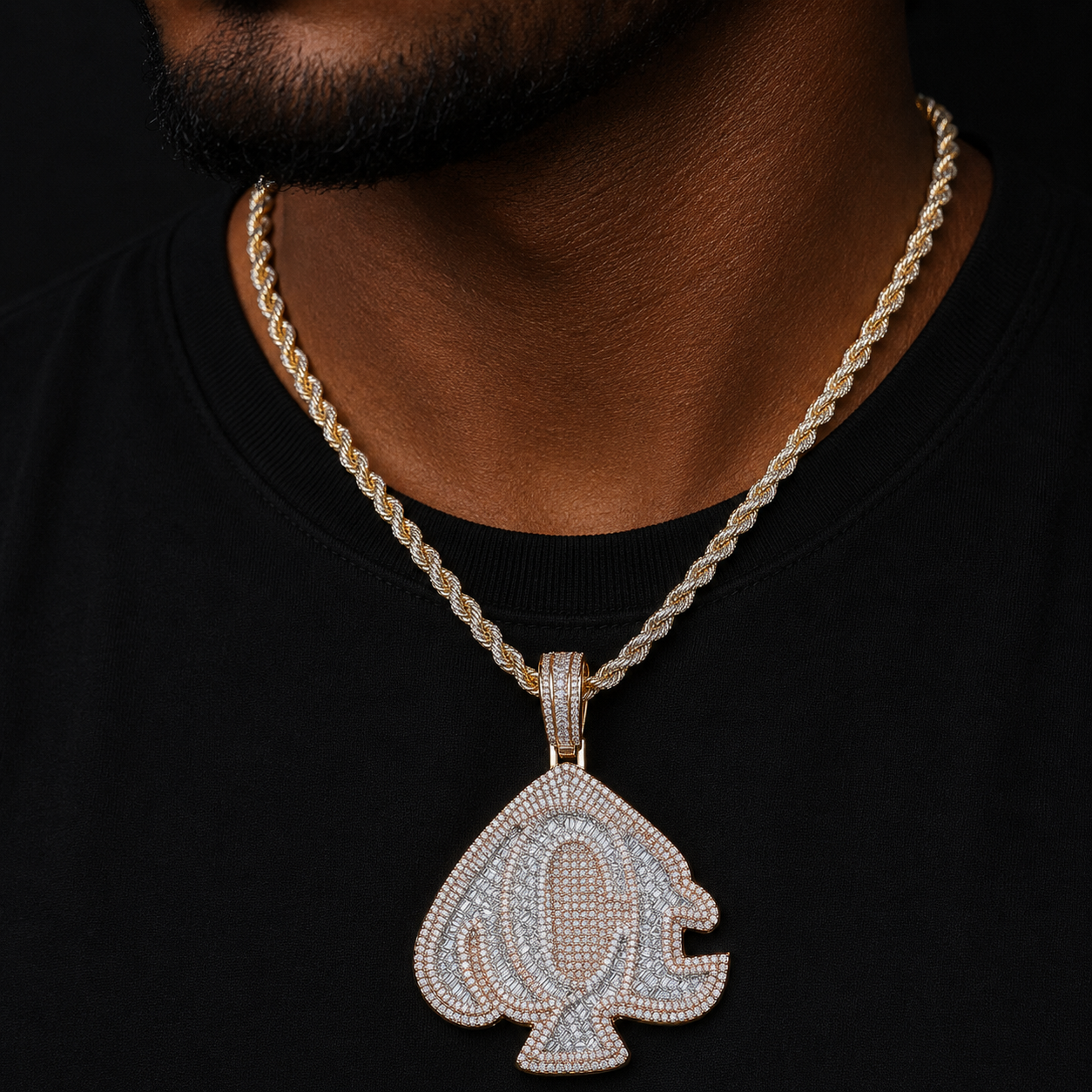 Bubble Letter Prong Setting Ace Necklace for Men Baguette Iced Out Pendant Real Gold Plated Hip Hop Jewelry