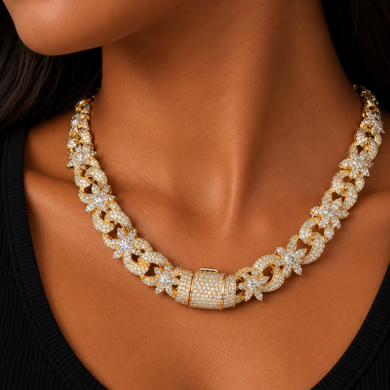 Bubble Letter Iced Out Flower Necklace Cuban Link Chain for Women Prong Setting Cubic Zirconia Hip Hop Jewelry