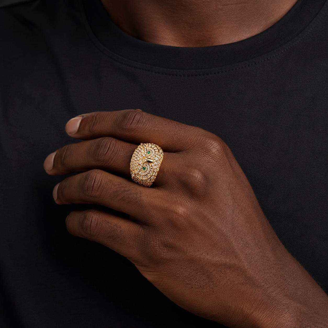 Bubble Letter Owl Ring for Men Real Gold Plated Brass Cubic Zircon Iced Out Charms Hip Hop Jewelry 2022 Trend Best Selling
