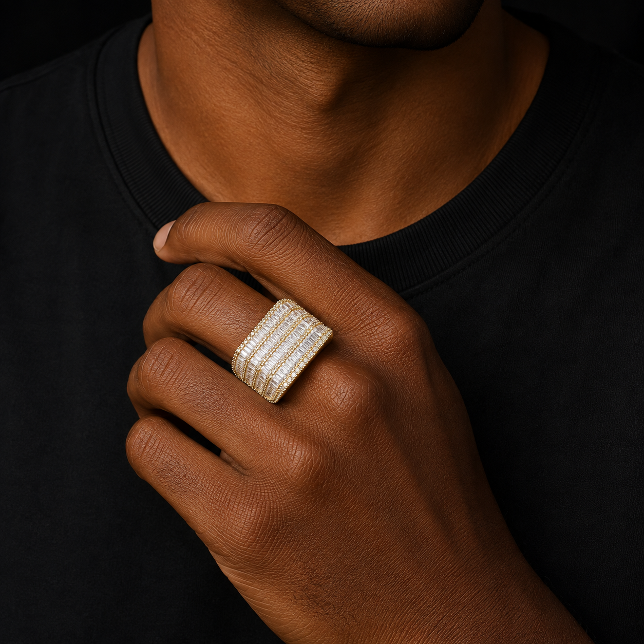 Bubble Letter Iced Out Baguette Rings for Men Real Gold Plated Cubic Zirconia Copper Hip Hop Jewelry