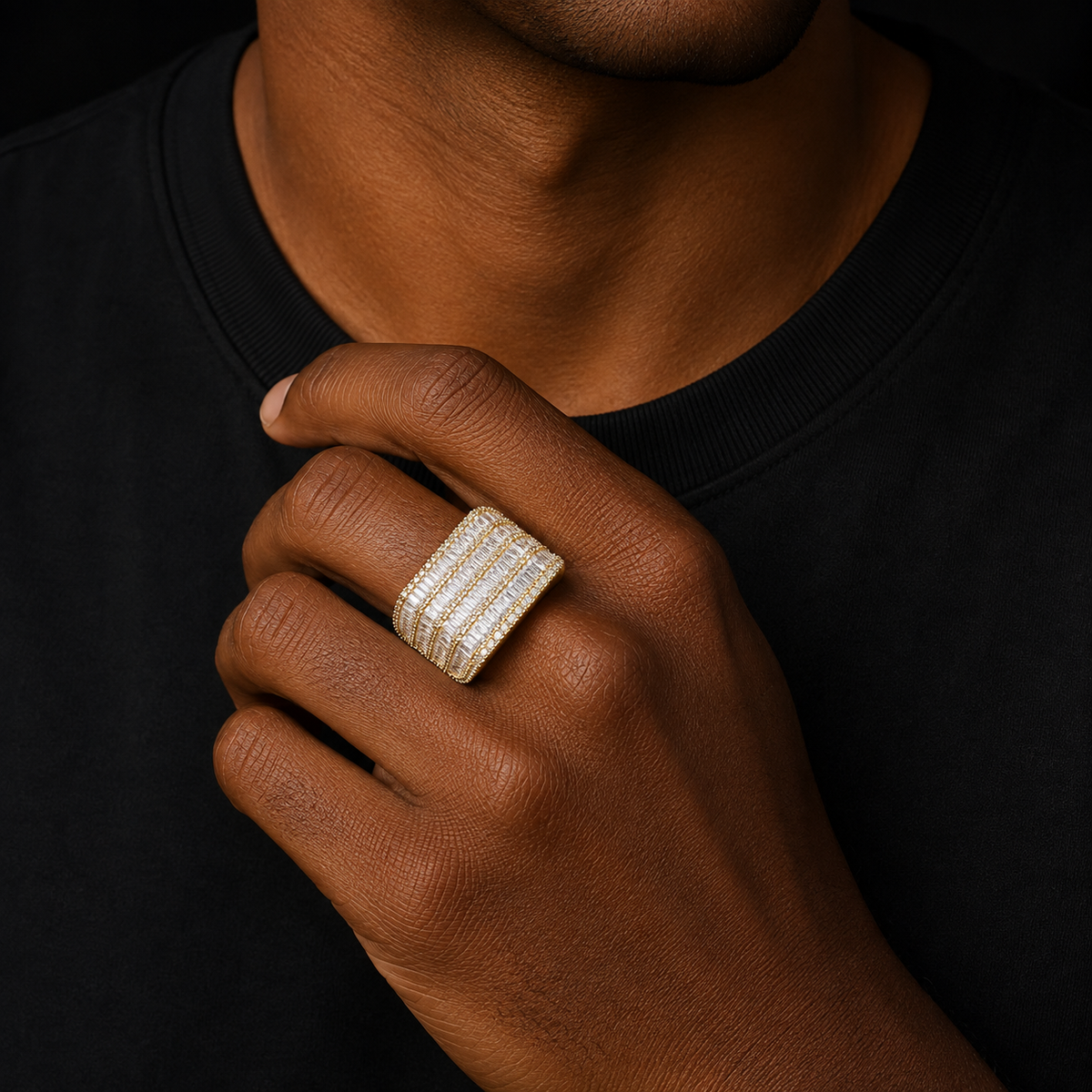 Bubble Letter Iced Out Baguette Rings for Men Real Gold Plated Cubic Zirconia Copper Hip Hop Jewelry