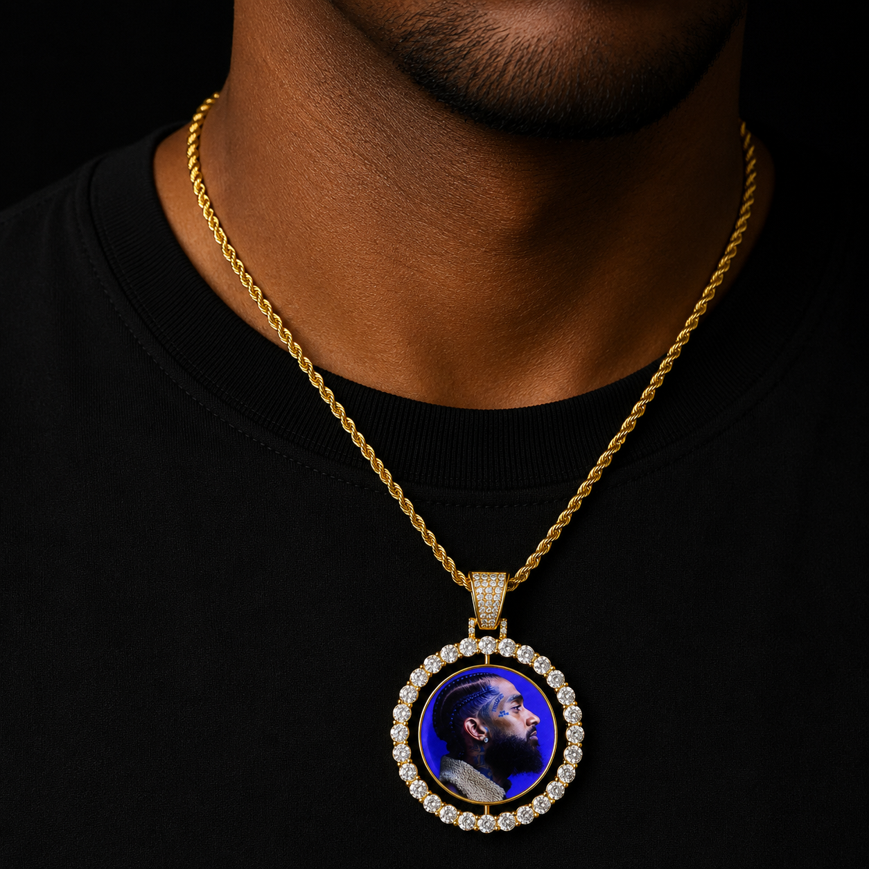 Bubble Letter Custom Photo Necklace for Men Rotating Double-Sided Medallions Spinning Pendant  Hip Hop Jewelry