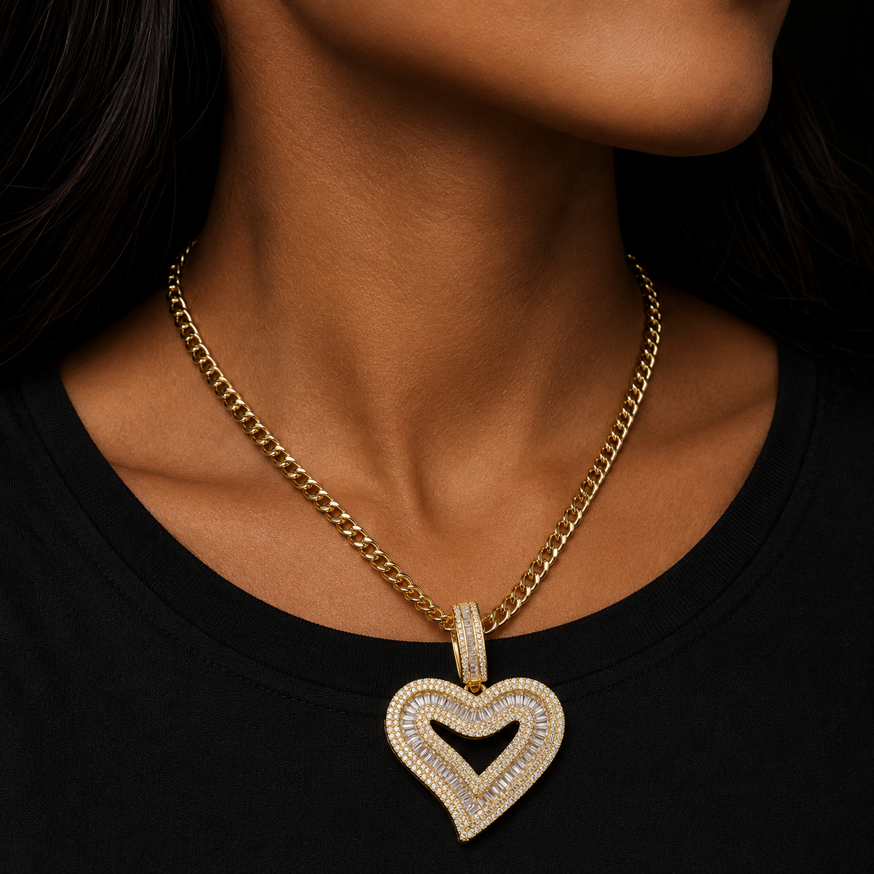 Bubble Letter Baguette Open Love Heart Necklace Pendant for Women Iced Out Charms Glossy Girl Fashion Jewelry
