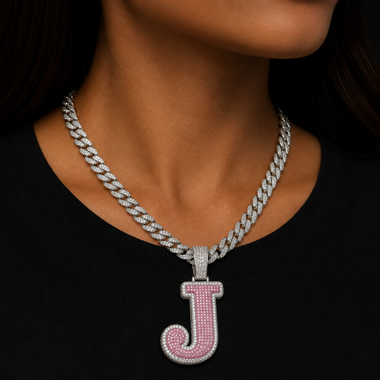 Bubble Letter Jewelry Single Initial Necklace for Women Iced Out Pendant Prong Setting Two Layers Hip Hop Charms