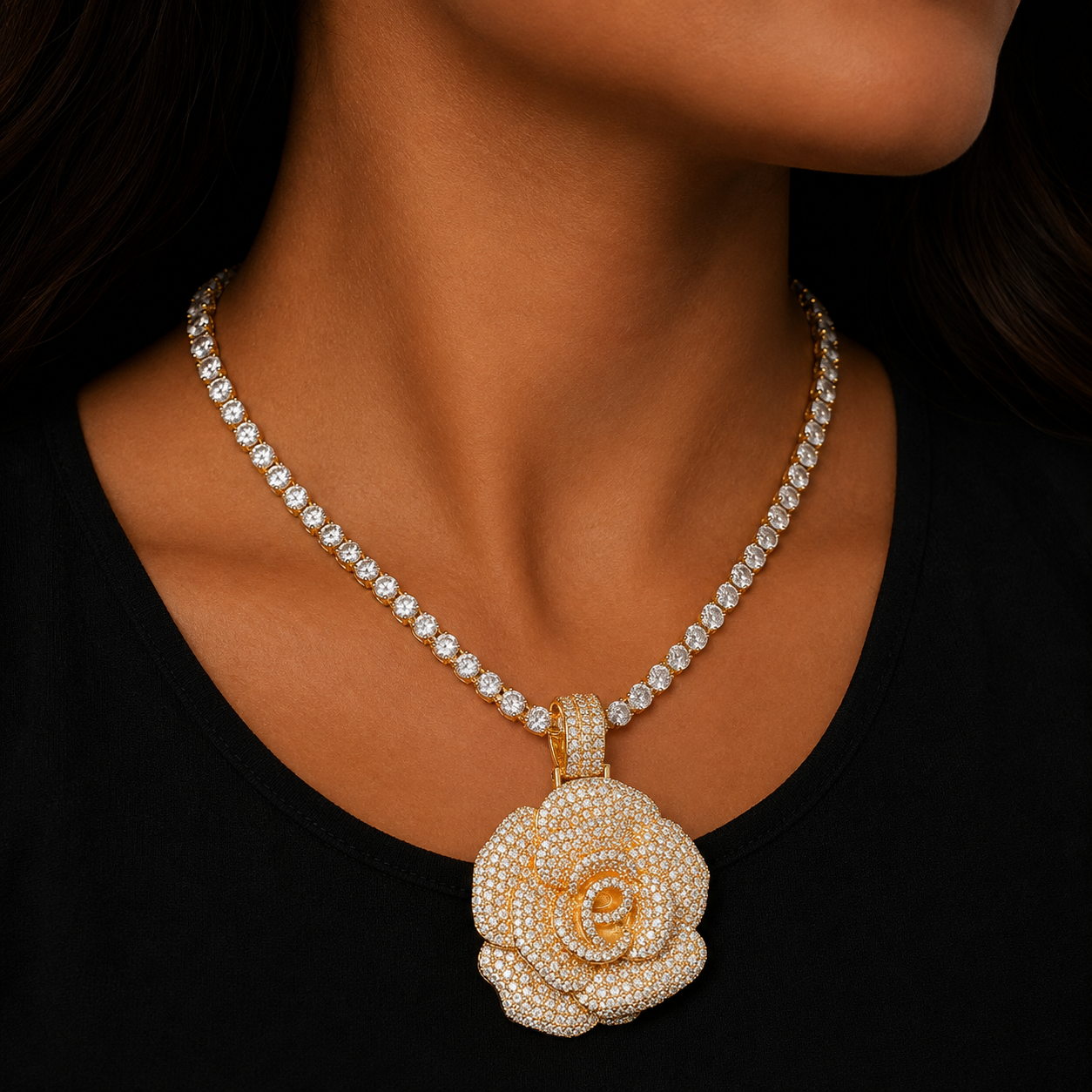 Bubble Letter Iced Out Pendant Rose Flower Necklace for Women Hip Hop Charms Cubic Zircon Fashion Jewery Gold Color