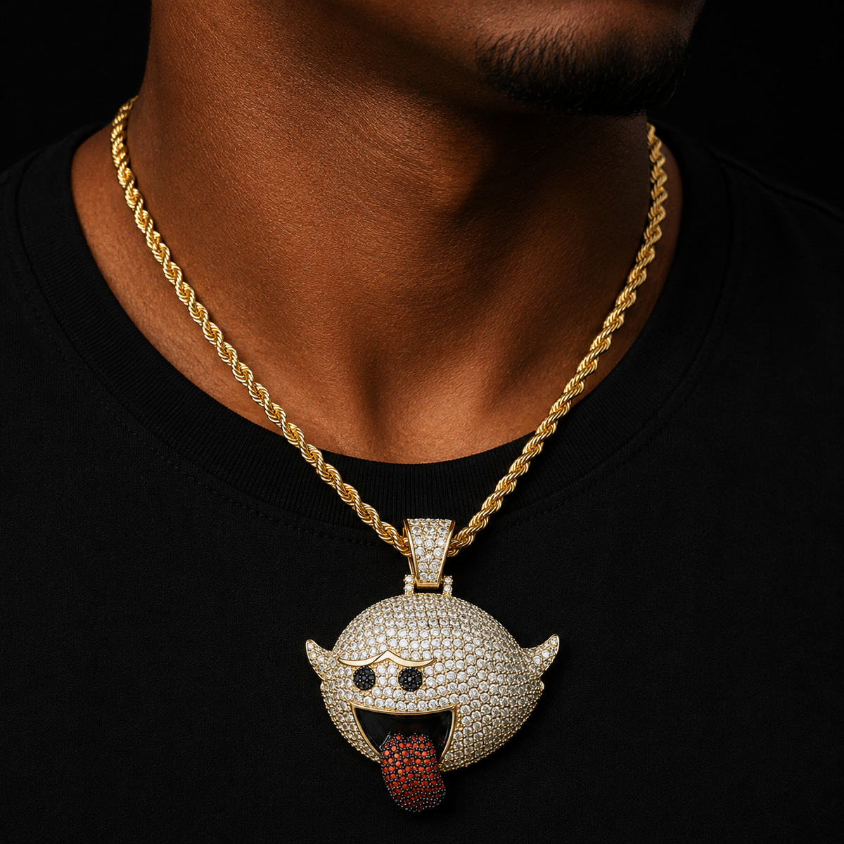 Bubble Letter Flying Ghost Hip Hop Pendant Gold Color Bling Cubic Zircon Men's Necklace Jewelry