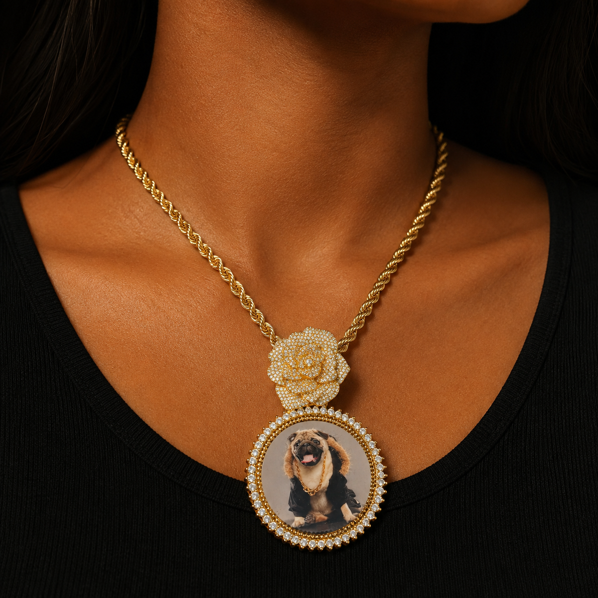 Bubble Letter Custom Photo Necklace for Women Personalized Picture Pendant Rose Flower Bail Iced Out Charm Hip Hop Jewelry