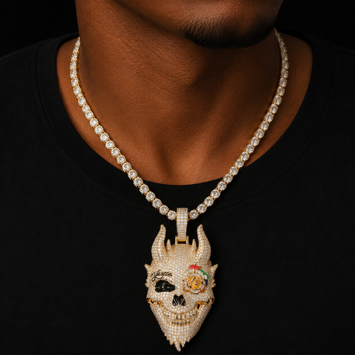 Bubble Letter Skull Men's Pendant Cubic Zircon Gold Color Plated Hip Hop Necklace Rock Jewelry