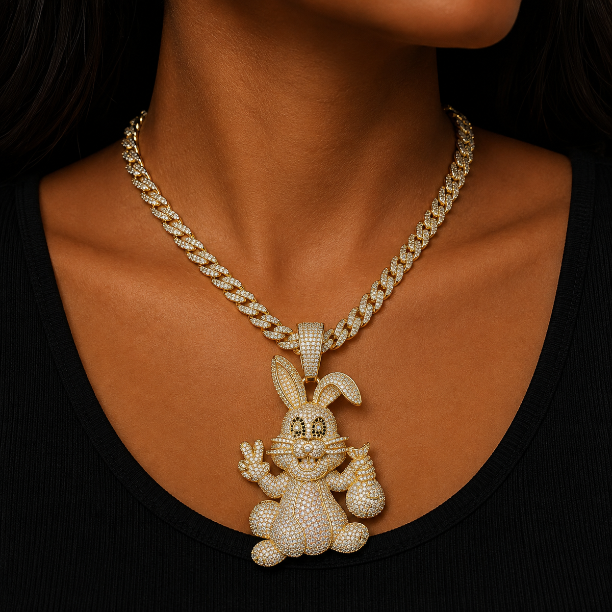 Bubble Letter Prong Rabbit Necklace Pendant for Women Cubic Zirconia Real Copper Iced Out Charm Hip Hop Jewelry