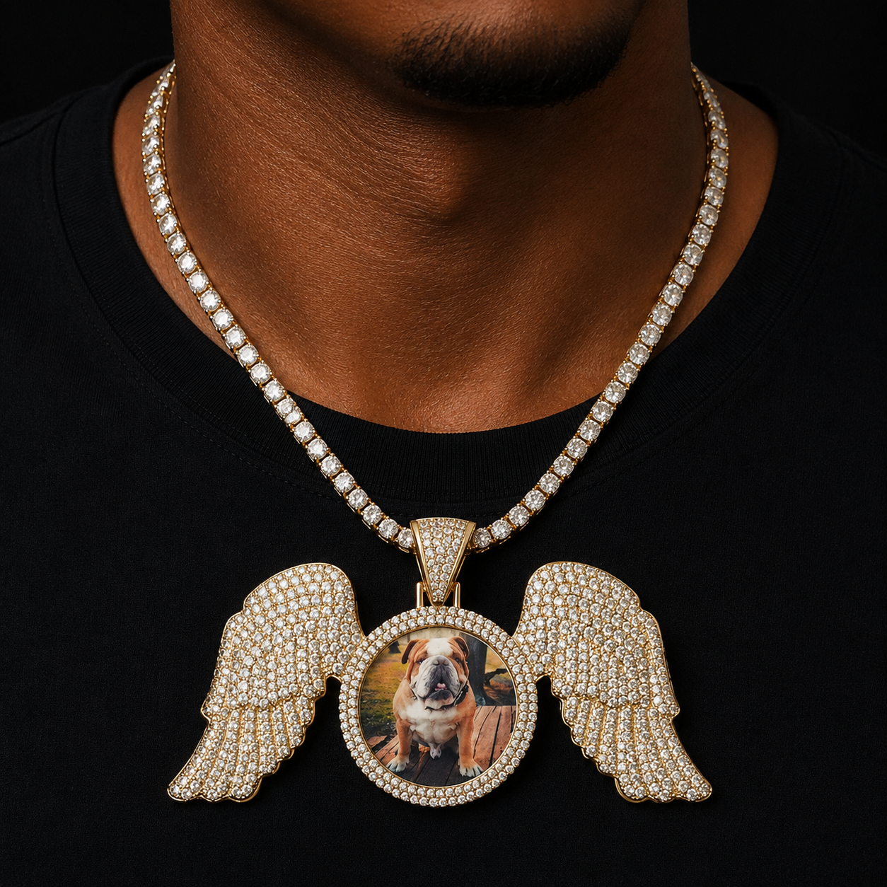 Bubble Letter Solid Back Wing Down Circle Picture Photo Pendant Micro Pave Charm Men's Hip Hop Rock Jewelry
