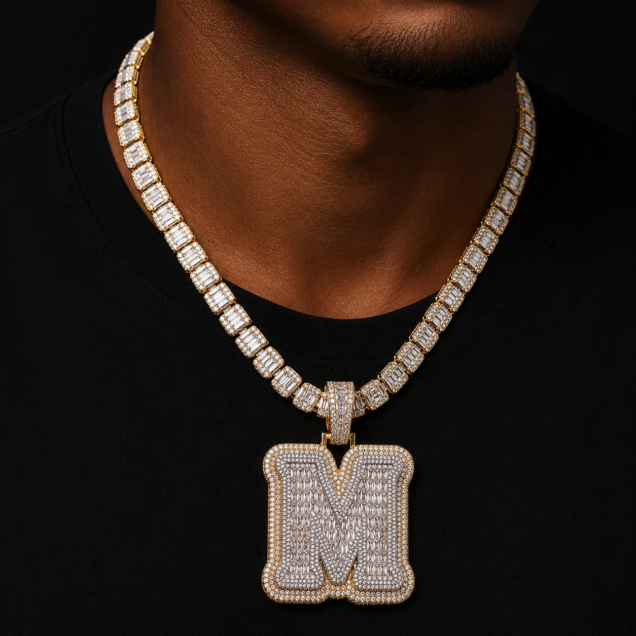 Bubble Letter A~Z Single Baguette Initial Necklace for Men Iced Out Pendant Hip Hop Rock Rapper Jewelry