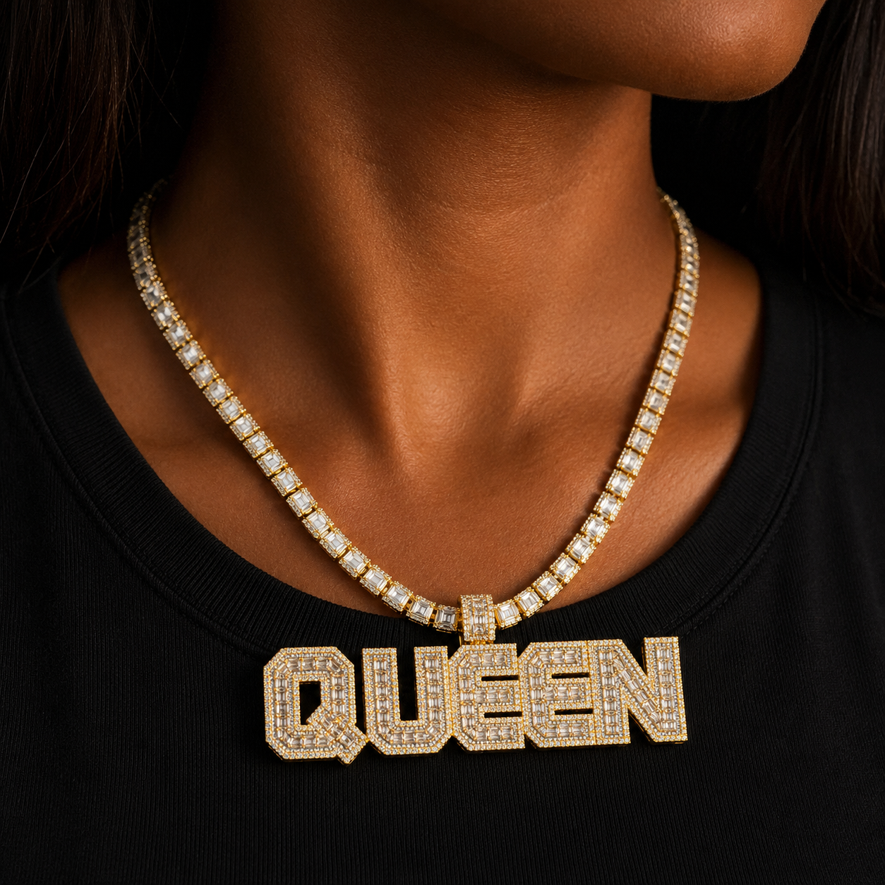 Bubble Letter Iced Out Personalized Pendant Baguette Custom Name Necklace for Women Blue Stones Hip Hop Jewelry