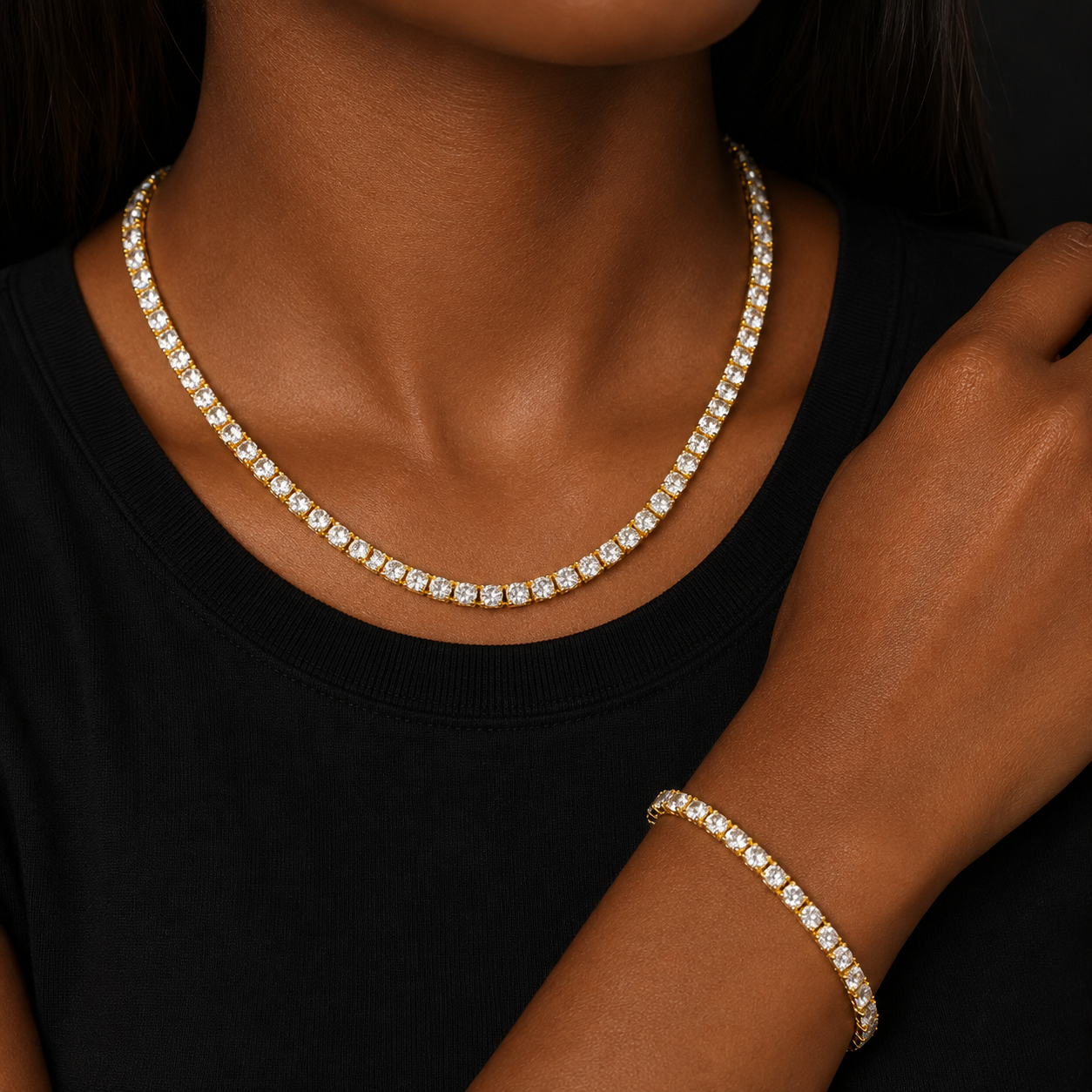 Bubble Letter 1 Row 5mm Tennis Necklace & Bracelet Set Gold Color Rhinestone Chain Choker Men's Hip Hop Street Rock Jewelry