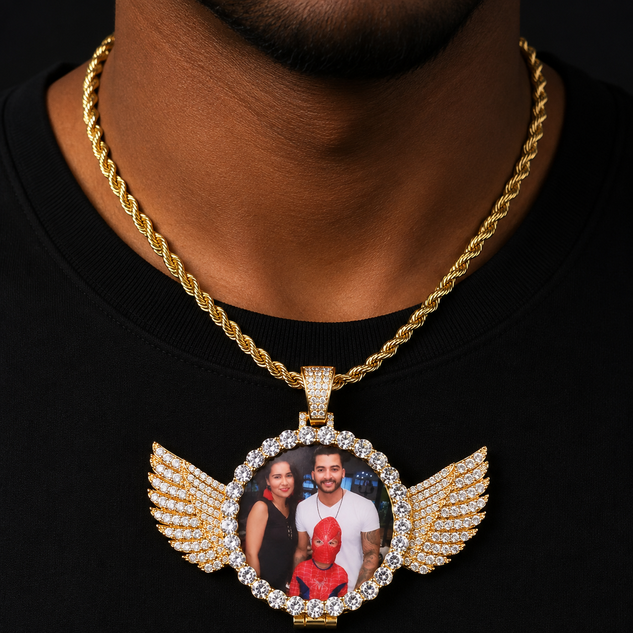 Bubble Letter Custom Photo Necklace for Men Picture Projection Pendant Angel Wing Medallion Real Gold Plated Hip Hop Jewelry