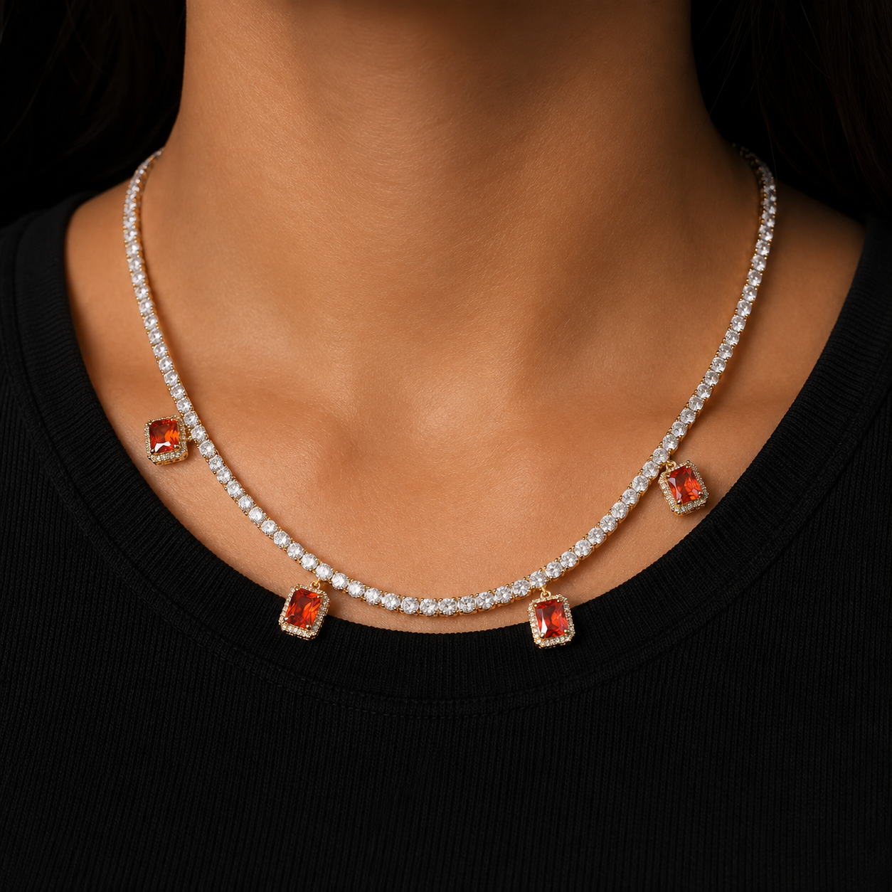Tennis Chain With Red Zircon Pendant Gold Color Charm Women Necklace Link Men's Hip Hop Jewelry adjustable