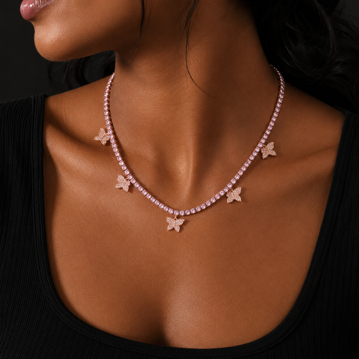Bubble Letter Butterfly Tennis Chain for Women Necklace Pink Hip Hop Fashion Jewelry Adjustable Free Shipping Items